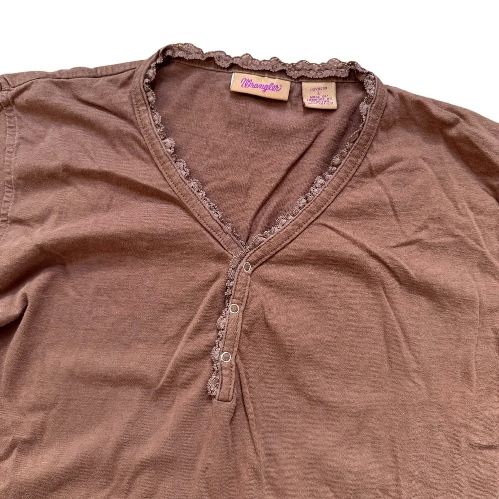 Wrangler Y2K Lace Trim Henley Long Sleeve T-Shirt Women Large Chocolate Brown - Picture 4 of 8